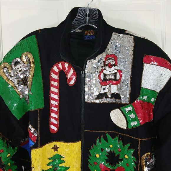 VINTAGE MODI DENIM Sequin Christmas Holiday Ugly Sweater Jacket L 10/12 80s 90s - Picture 4 of 16